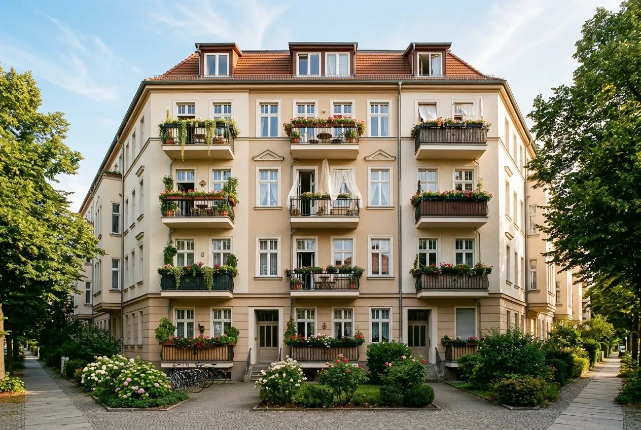 Fassade eines Mehrfamilienhauses mit bepflanzten Balkonen