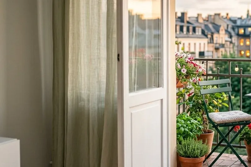 Blick aus einer hellen Wohnung durch die geöffnete Balkontür auf einen kleinen Stadtbalkon mit Kräutern, Blumen und Klappstuhl im Abendlicht