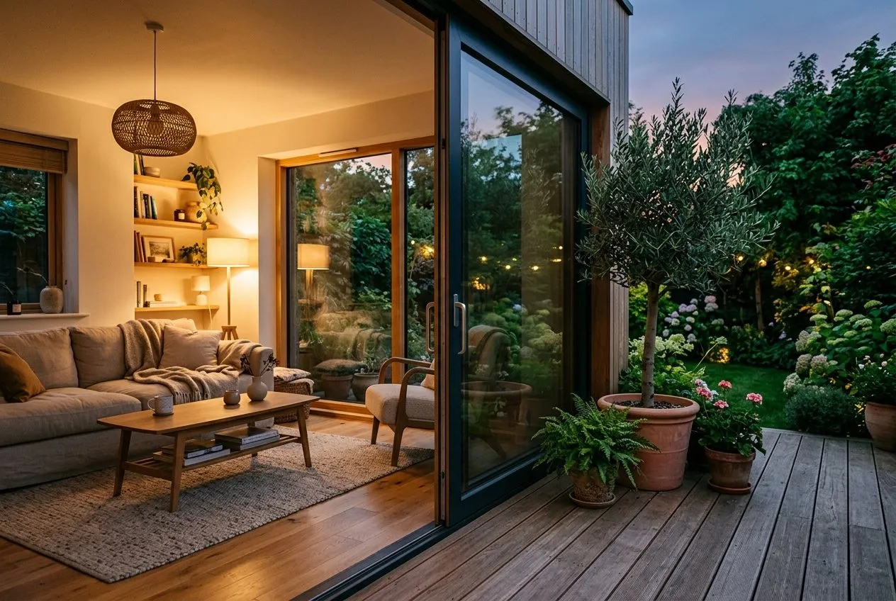 Symbolbild: Wohnzimmer mit großer Glas-Schiebetür zur Terrasse
