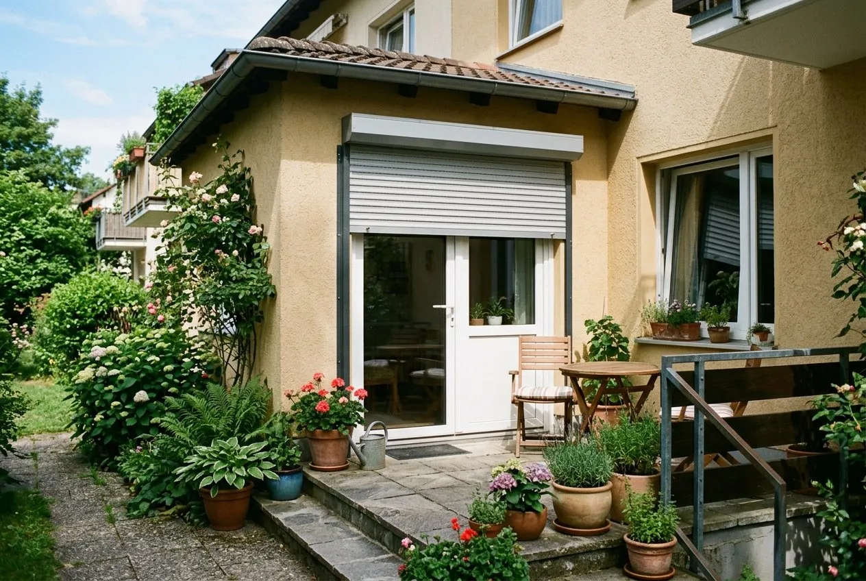 Terrassentür von außen mit halb hochgezogenem Rollladen und seitlichen Führungsschienen